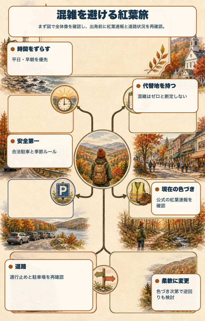 混雑を避ける紅葉旅 — まず図で全体像を確認し、出発前に紅葉速報と道路状況を再確認。