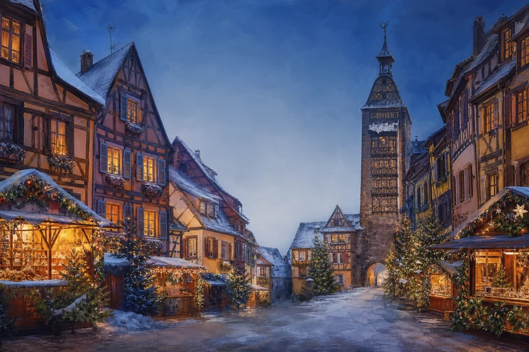 Non-documentary editorial illustration representing Marché de Noël traditionnel de Riquewihr