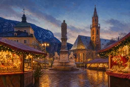 Non-documentary editorial illustration representing Mercatino di Natale di Bolzano – Piazza Walther
