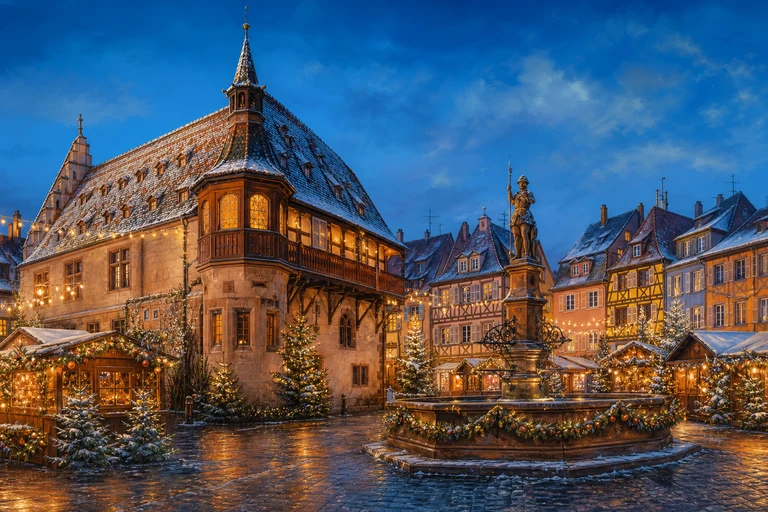 Non-documentary editorial illustration representing Marché de Noël de la Place de l'Ancienne Douane