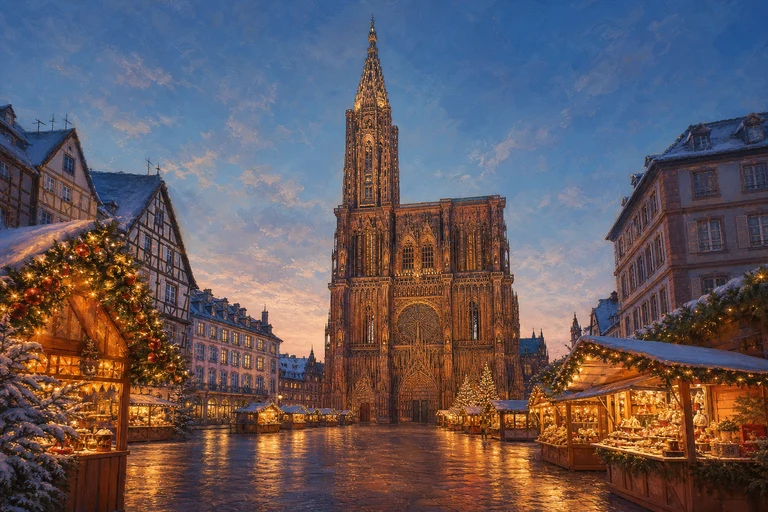 Non-documentary editorial illustration representing Marché de Noël – Place de la Cathédrale