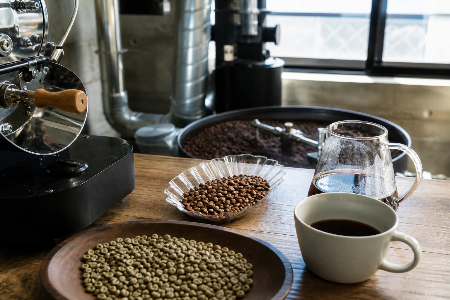 AI-generated editorial image representing the coffee experience at LEAVES COFFEE ROASTERS