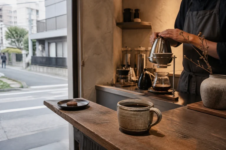 AI-generated realistic editorial image of contemporary specialty coffee culture in Tokyo, with hand-drip coffee in a refined café interior