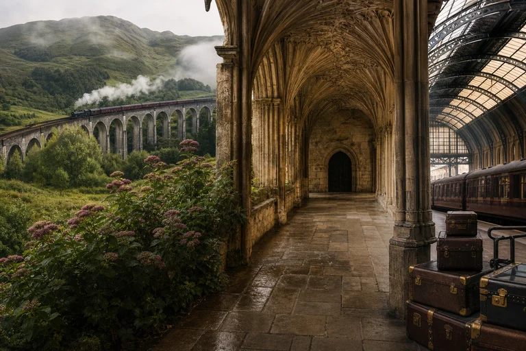 AI-generated editorial image of UK filming-location travel, combining a Highland railway viaduct, medieval cloister and London railway architecture