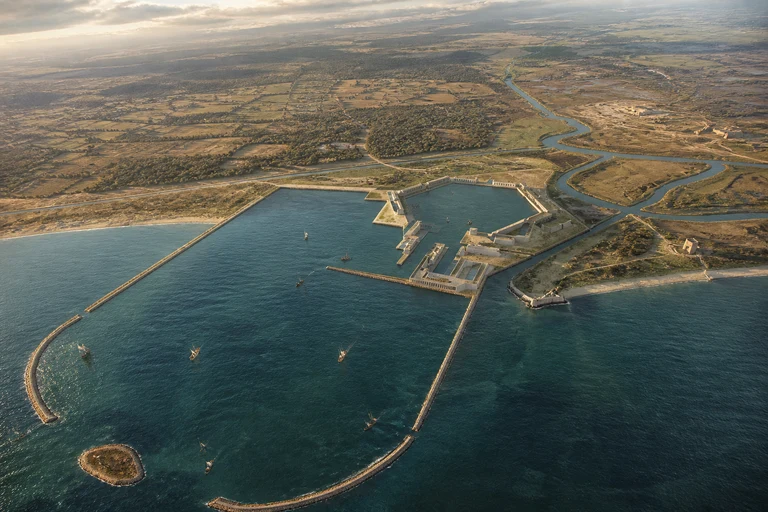 Non-documentary aerial editorial interpretation of the Ports of Claudius and Trajan, showing the outer harbor and hexagonal basin