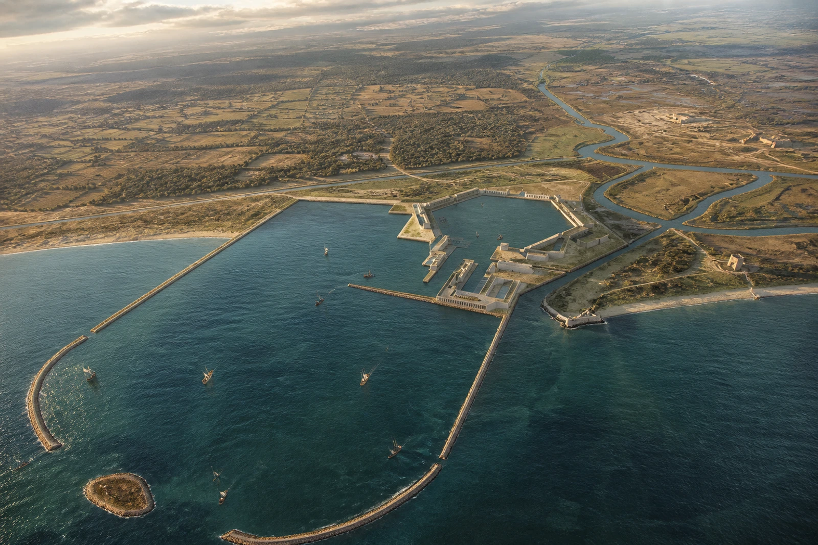 Non-documentary aerial editorial interpretation of the Ports of Claudius and Trajan, showing the outer harbor and hexagonal basin