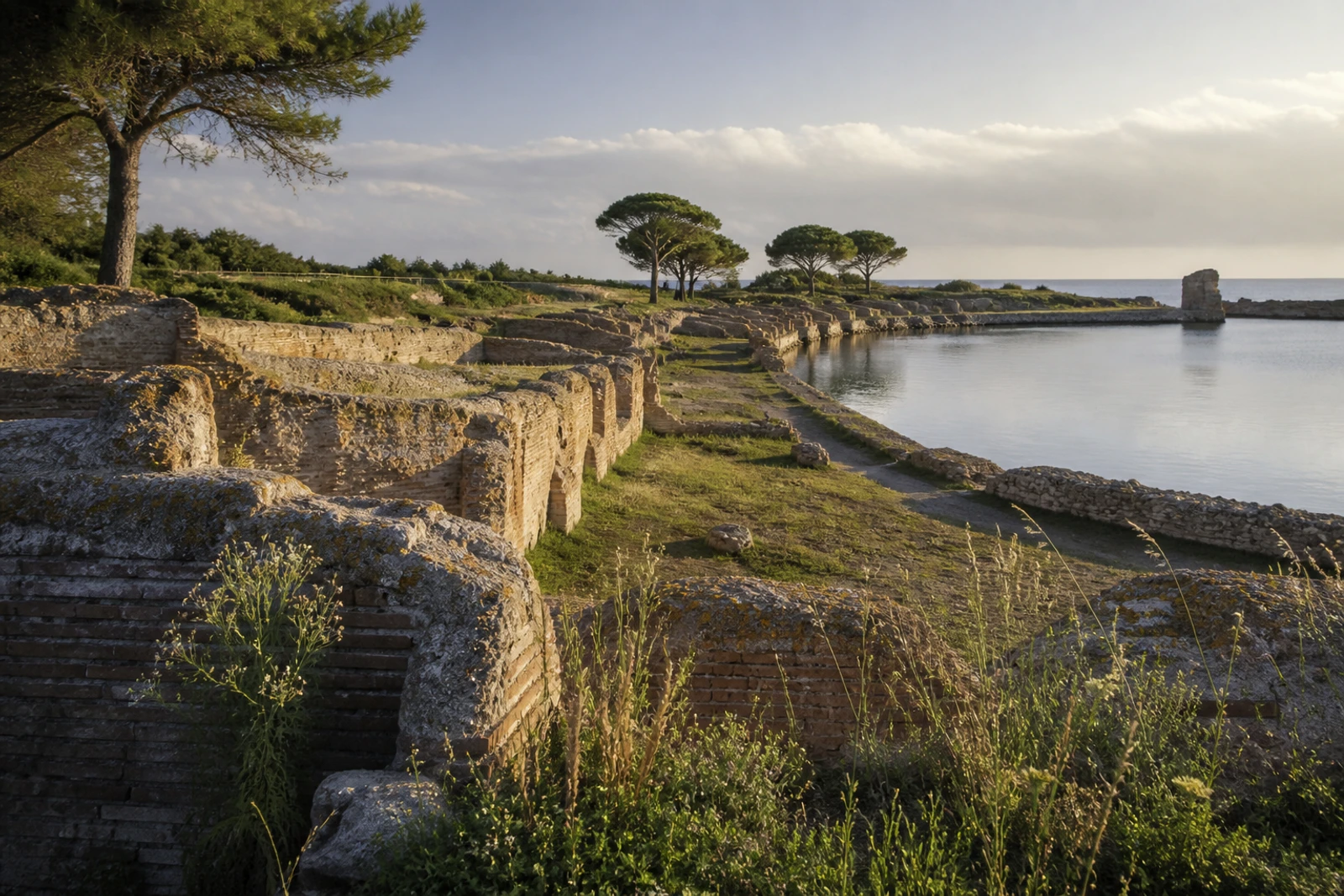 Non-documentary editorial interpretation of Roman harbor ruins and water at Portus near Rome